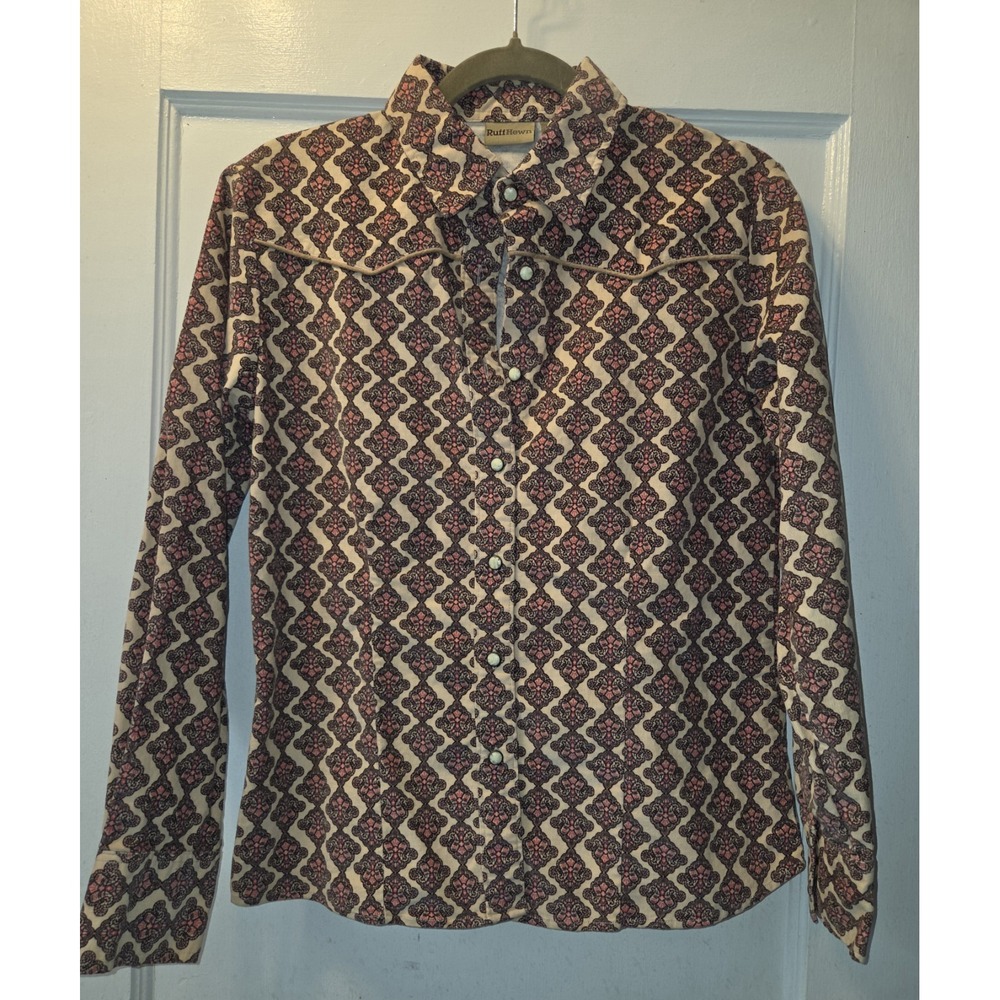 Ruff Hewn Beige Pink Black Geometric Woven Cotton Button-Up Collared Top S